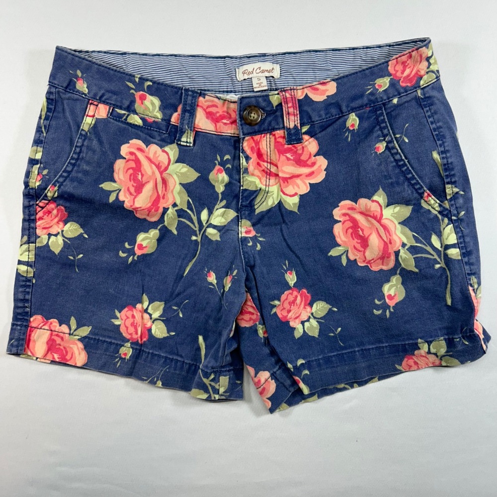 Red Camel Womens Navy Pink Floral Rose Chino Shorts Size 5 Stretch Cotton